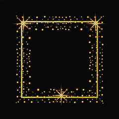 Golden sparkling square frame with glowing light stars and glitter border