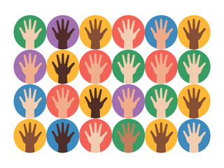 A diverse collection of hands displayed in colorful circles represents unity and inclusion.