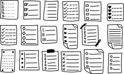 Hand drawn checklist and task list doodle collection on white background