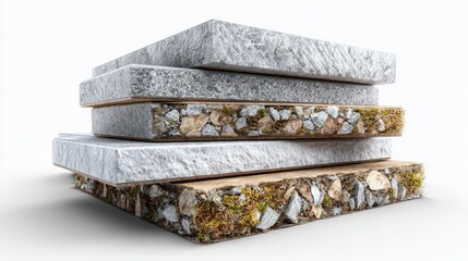 Layered Stone Textures: A stack of stone tiles showcases the diverse textures and materials used in construction and design, offering a study of natural patterns and the beauty of raw stone.