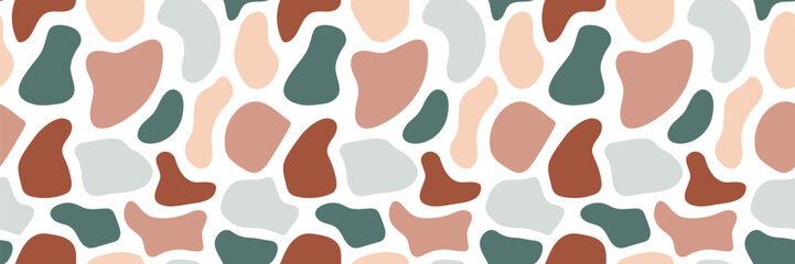 Seamless abstract pattern with organic irregular shapes in warm terracotta, beige, and green tones. Modern minimalist background for textiles, packaging, branding, and contemporary design projects.