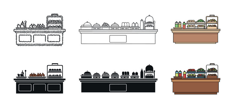 Food counter and buffet station icon set with various styles including line art, silhouette, and color illustrations of a self-service salad bar for catering and restaurant concepts