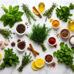Fresh herbs and spices styled on marble surface, cooking ingredients for healthy meals, flat lay style.