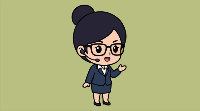 Cute Cartoon Businesswoman with Headset and Glasses.