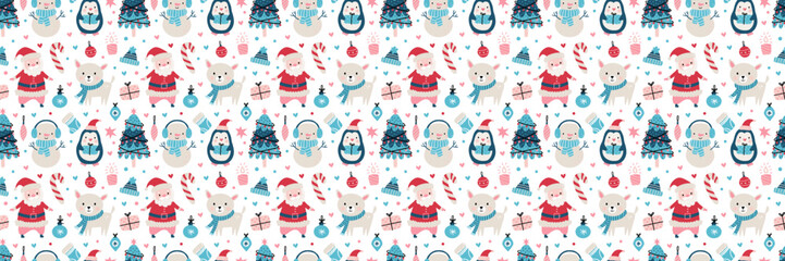 Seamless Christmas pattern with cute Santa characters, penguins, snowmen, reindeer, gift sleds, ornaments, candy canes, trees, winter elements in soft red, blue, and pink tones. Perfect for holidays