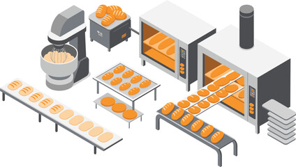 Isometric modern bread production line, automated bakery process, dough mixing, conveyor system, proofing cabinets, industrial baking equipment illustration