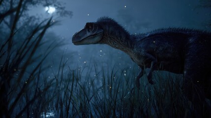 Dinosaur T-Rex in Night Forest with Fireflies and Dense Vegetation Scene