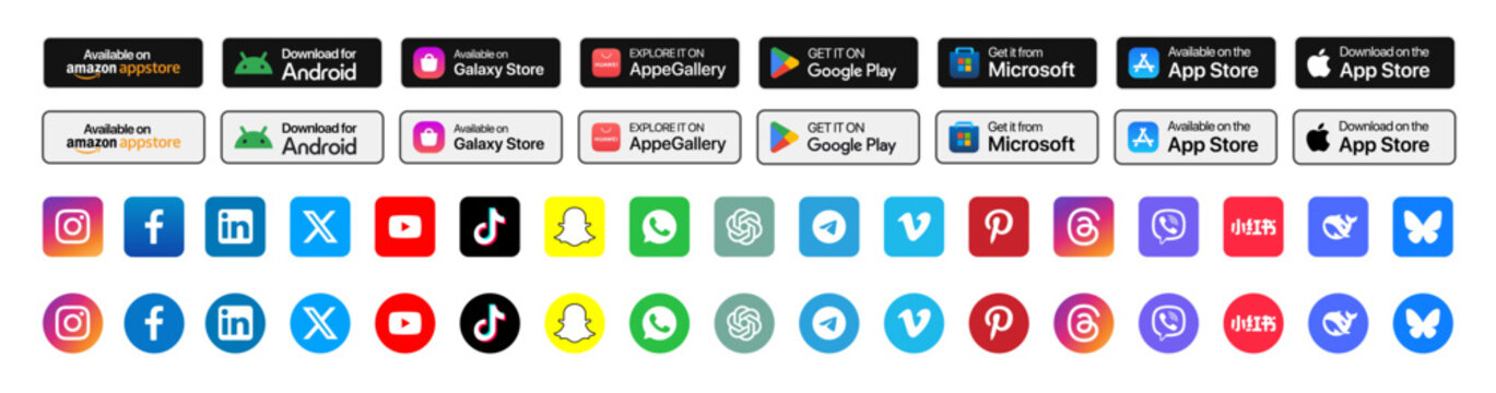 Social Media Icons & App Store Badges Collection &mdash; Instagram, Facebook, LinkedIn, TikTok, WhatsApp Logos Set
Download Buttons for Google Play, App Store, Amazon Appstore & More &mdash; High-Quality Social I