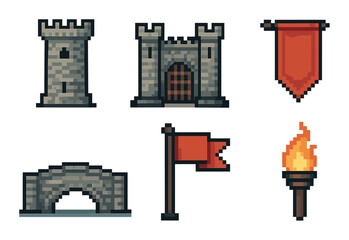 Set of medieval pixel art icons featuring a stone castle, tower, bridge, red flag, banner, and flaming torch in a classic retro 8-bit video game style
