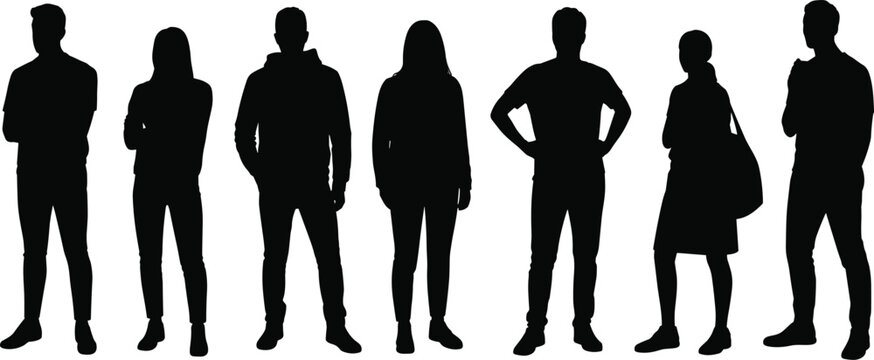 Human silhouettes, diverse people, casual and formal attire, standing figures, black silhouettes,