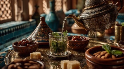 A hand pours tea from an engraved brass teapot into a glass with mint leaves during a traditional Moroccan tea ceremony, with dates, almonds, and patterned tiles in the background