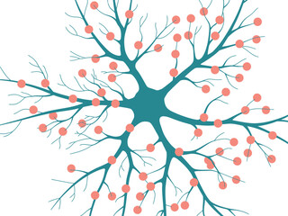 An abstract illustration represents a neuron with synaptic connections and dendrites.