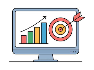 A computer monitor displays a bar graph and a target with an arrow, symbolizing business goals and growth.
