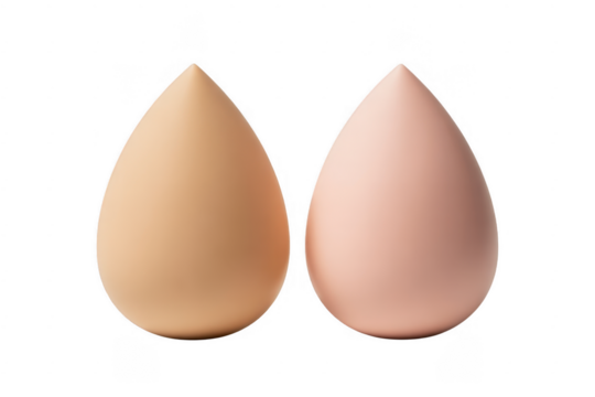 Two teardrop shaped makeup sponges one beige and one pink isolated on a transparent background 2