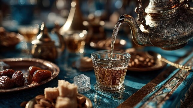 Extreme close-up of a silver teapot pouring bubbly amber tea into a glass during a Moroccan mint tea ceremony, with nuts, sugar and dates nearby, highlighting the action and warmth
