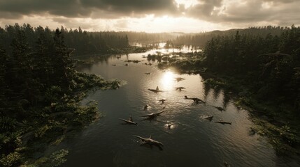 Dinosaurs Swimming in a River with Dense Forest and Overcast Sky in Background