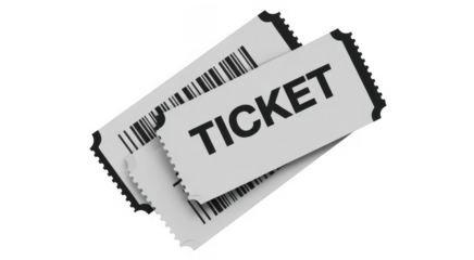 Two white tickets with black text and barcodes isolated on a transparent background