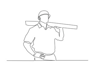 Single Continuous Line Drawing of a Construction Worker or Carpenter Carrying a Wooden Plank