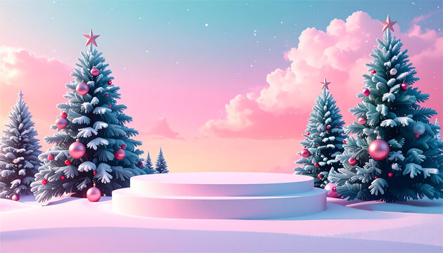 Pink Christmas Landscape with Snowy Trees and Empty Winter Podium