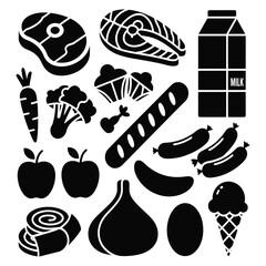 A collection of essential food items, including fruits, vegetables, meat, fish, dairy, and bread, presented as bold black silhouettes, ideal for nutrition, isolated on