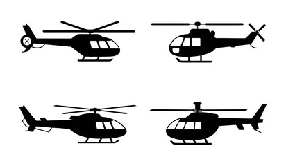 Four silhouetted helicopters are displayed against a white background.
