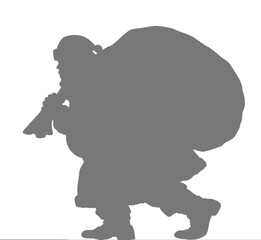 The silhouette of Santa Claus stalking with a large bag is made in gray on a transparent background for easy superimposition on any photos or documents.