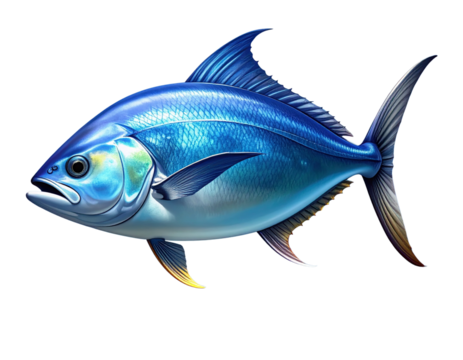  A single large ocean fish captured mid-turn, showing the curve of its body and fins, deep blue water gradient behind it, subtle transparent background, Generative AI