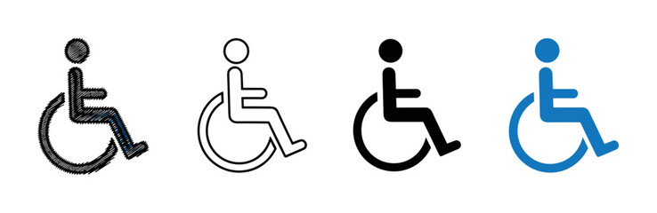 Set of four wheelchair accessibility icons in different graphic styles, including scribble, outline, and solid black and blue silhouettes for disability and handicap concepts