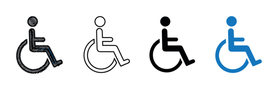 Set of four wheelchair accessibility icons in different graphic styles, including scribble, outline, and solid black and blue silhouettes for disability and handicap concepts
