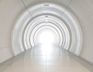 A bright, white tunnel interior with a curved ceiling and walls. Light streams from the end, reflecting on the smooth floor