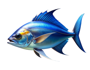 A single large ocean fish captured mid-turn, showing the curve of its body and fins, deep blue water gradient behind it, subtle motion transparent background, Generative AI