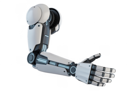 White and grey robotic arm with articulated fingers extended isolated on a transparent background