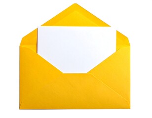 A bright yellow envelope with an open flap revealing a blank white card, isolated against a white background