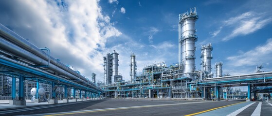 Obraz premium Modern industrial refinery with pipelines under blue sky