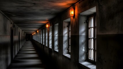 Dimly lit, narrow corridor with a row of windows casting shadows, creating a sense of confinement and mystery.
