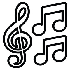 Black outline of a musical treble clef symbol and two eighth notes, representing music, melody, sound, and harmony, isolated on