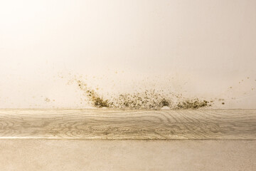 Black mold fungus growing on the wall under baseboard. Dampness problem concept. Condensation at home.