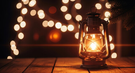 Vintage Lantern with Burning Candle Light on Wooden Surface. Warm Glow. Cozy Atmosphere. Rustic Style Lamp Photography. Dark Blurred Bokeh Background