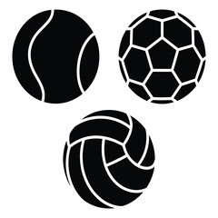 Black silhouettes of three popular sports balls a tennis ball, a soccer ball, and a volleyball, symbolizing athletic activities, team sports, and recreational games, isolated on