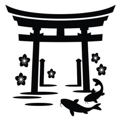 Black silhouette of a traditional japanese torii gate, delicate cherry blossoms, and graceful koi fish, symbolizing peace, nature, and cultural harmony, isolated on