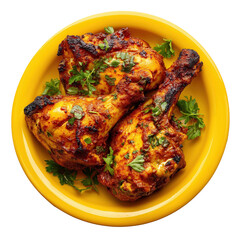 Flavorful Grilled Chicken: Deliciously grilled chicken drumsticks, seasoned to perfection and artfully arranged on a yellow plate. This culinary image will awaken your appetite