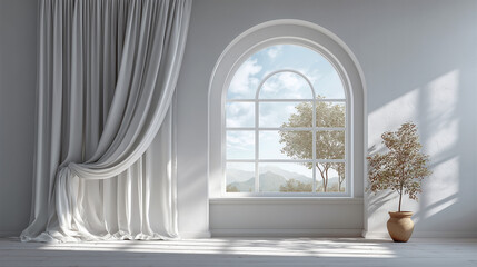 White drapery and arched window with mountain view left drape