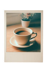 Morning Brew: A close-up shot of a cup of coffee on a saucer, sitting on a wooden surface with a small flower vase background. Captured a calm and peaceful morning routine.