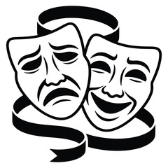 Classic theatrical masks of comedy and tragedy, intertwined with a decorative ribbon, symbolizing the duality of human emotion and performance art, isolated on