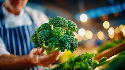 Chef presenting a fresh head of broccoli at a market stand with warm lights in the background - Powered by Adobe