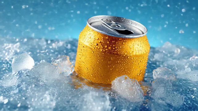 Blank beer can mockup half-buried in a bucket of ice with condensation forming, bright and crisp lighting, cold and refreshing