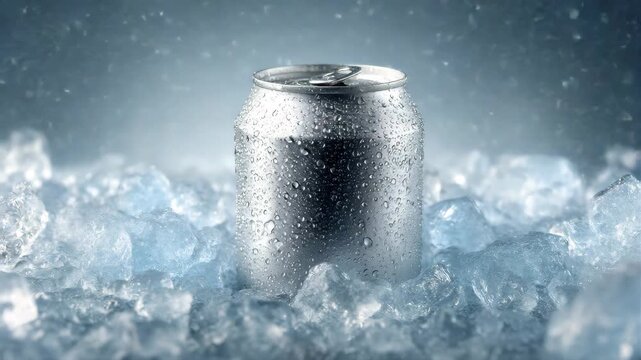 Blank beer can mockup half-buried in a bucket of ice with condensation forming, bright and crisp lighting, cold and refreshing