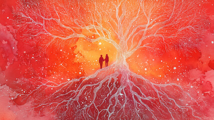 White Tree with Couple Silhouette on Red Watercolor