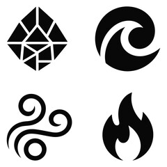 Four elemental symbols representing earth, water, air, and fire, depicted as abstract black icons on a clean, perfect for themes of nature, magic, fantasy, and spiritual concepts, isolated on
