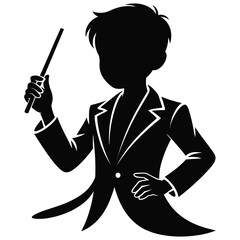 Elegant black silhouette of a young man in a suit holding a magic wand or conductors baton, symbolizing enchantment, leadership, and artistic performance, isolated on